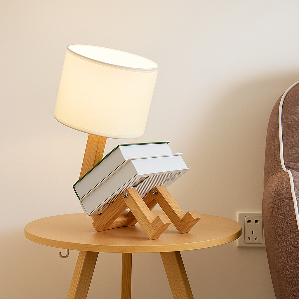 Abajur de Quarto Multifuncional em Madeira Robotic