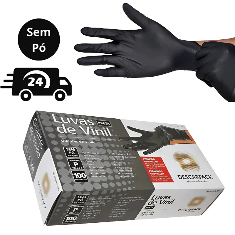 Luva Vinil Preta Descartável Sem Pó